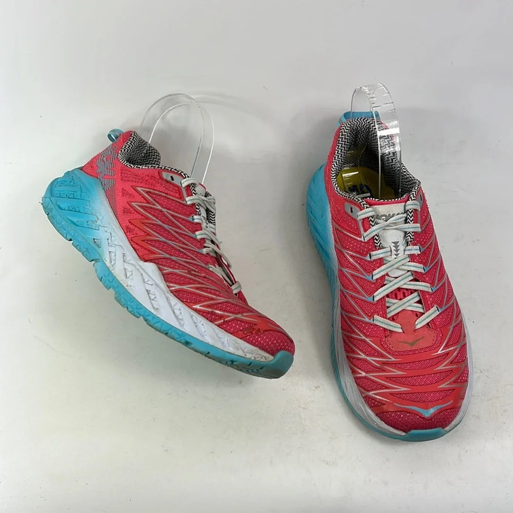Hoka One One bright pink blue Clayton 2 athletic running sneakers women’s size 8